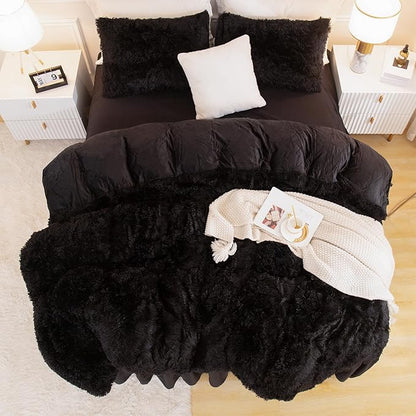 Andency Queen Comforter Set Black, Fluffy Winter Faux Fur Warm Soft Plush Bedding Comforter Set (1 Velvet Comforter & 2 Pillowcases), Fuzzy Thick Heavy Puffy Comforters Bed Set