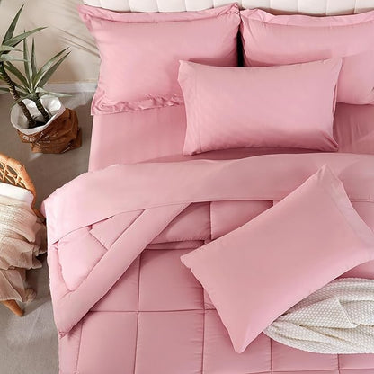 DOWNCOOL King Size Comforter Set, 7Pcs Bedding Comforter Sets Pink, All Season Down Alternative Bedding Comforter Sets with Comforter, Flat Sheet, Fitted Sheet, 2 Pillow Shams & 2 Pillowcases