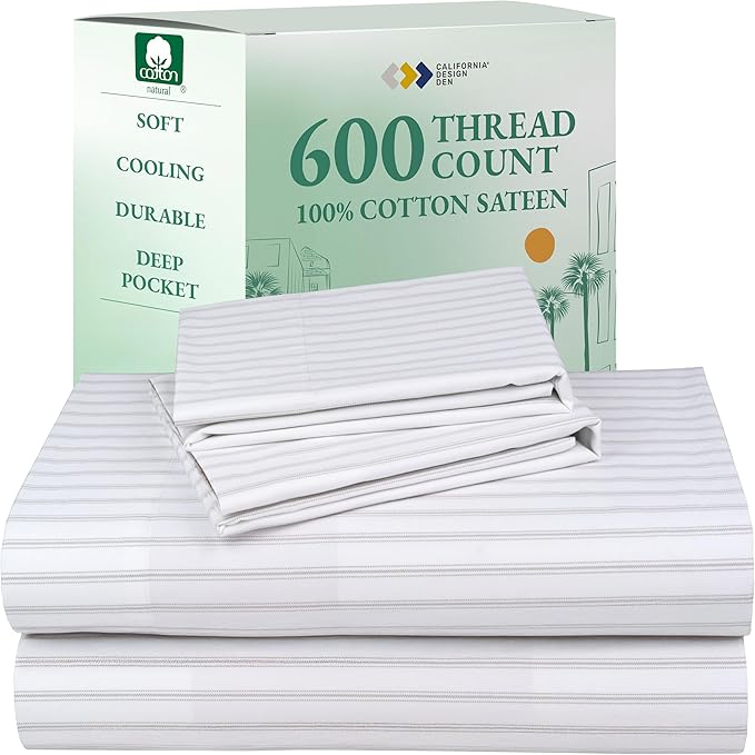 California Design Den California King Sheet Set - 100% Cotton, 600 Thread Count, Deep Pocket, Soft Sateen Premium Cal King Sheet Set - Ticking Stripe Pattern