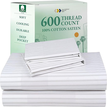 California Design Den California King Sheet Set - 100% Cotton, 600 Thread Count, Deep Pocket, Soft Sateen Premium Cal King Sheet Set - Ticking Stripe Pattern