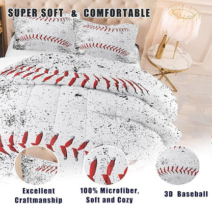 NINENINE Baseball Bedding 5PCS Twin Size Comforter Sets for Boys Sports Bedding Sets White Comforter Set (1Comforter, 1Flat Sheet, 1Fitted Sheet, 2Pillowcases)