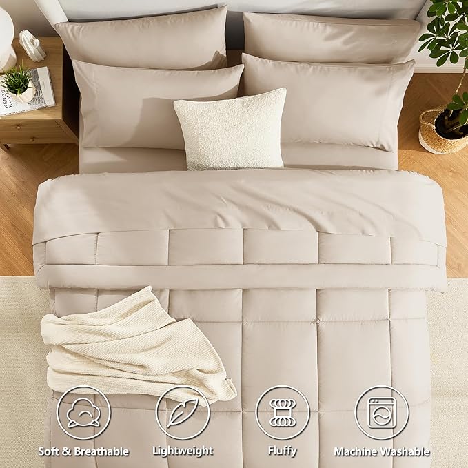 CozyLux King Size Comforter Set Wheat, 7 Pieces Bed in a Bag, Wheat Comforter King Size, All Season Bedding Sets with Stitch Quilted Comforter, Flat Sheet, Fitted Sheet, Pillowcases