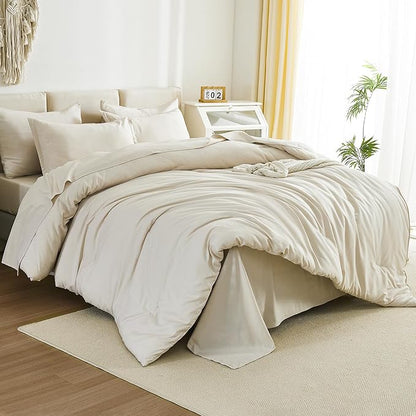 Litanika Super King Comforter Sets Beige - 7 Pieces Bed in a Bag Oversized King Bedding Comforter Sets, Solid Lightweight Bed Set with Comforter, Sheets, Pillowcases & Shams