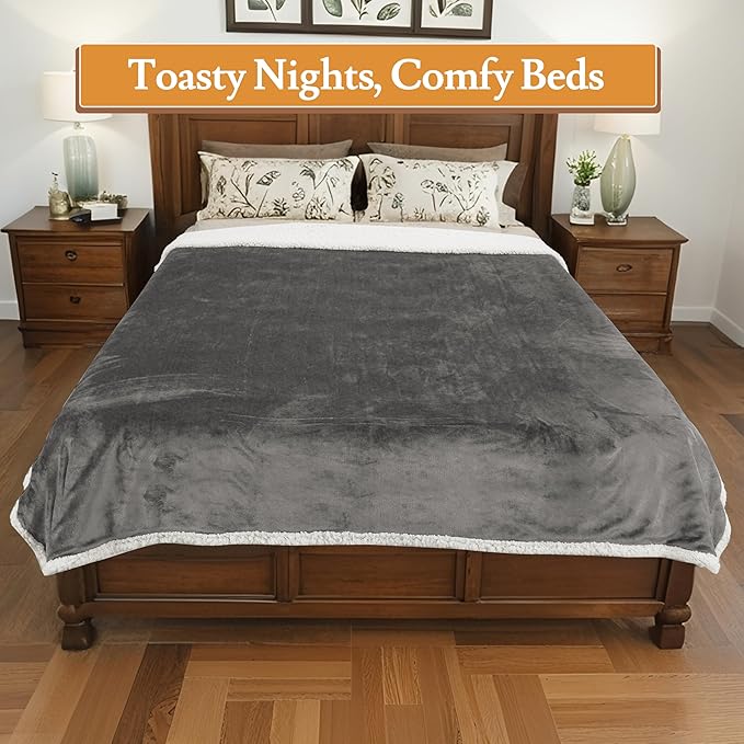 Electric Heated Blanket 62"x84" Twin Size Flannel & Sherpa - 4 Heat Settings & 10H Auto Shut Off for Safe Overnight Use, Fast Heating, Machine Washable for Bed, Couch, Office - Light Gray