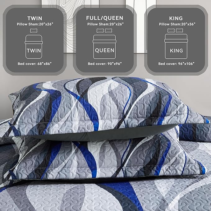 weesire Classic Line Pattern Bedding Quilt King Size Modern Grey Blue and White Stripe Quilt with 2 Shams, Gray and Blue Comforter Sets Lightweight Breathable Bedspreads Coverlet, 96''x106''