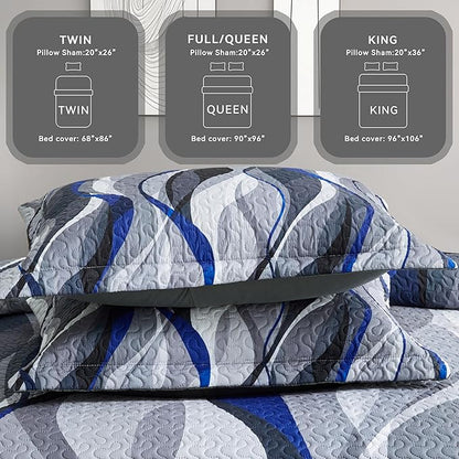 weesire Classic Line Pattern Bedding Quilt Queen Size Modern Grey Blue and White Stripe Quilt with 2 Shams, Gray and Blue Comforter Sets Lightweight Breathable Bedspreads Coverlet, 90''x96''