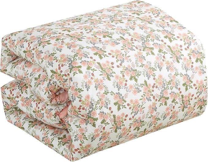 Chezmoi Collection Winika 3-Piece Floral Comforter Set Full - Multicolor Pink Red Green Gray Floral Flowers Printed Microfiber Lightweight Bedding Set for All Season