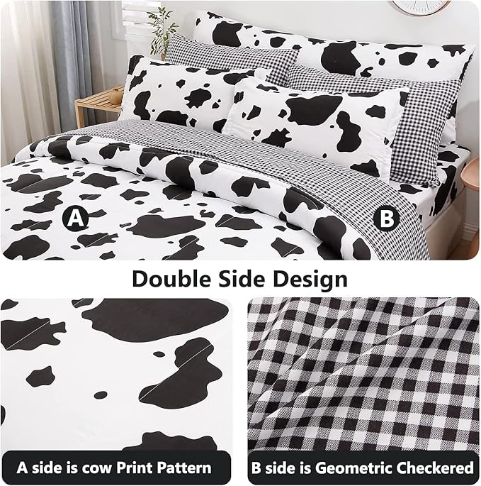 SUCSES King Size Cow Comforter Set 8 Pieces Black and White Bedding Set Cute Cowhide Bed in A Bag Soft Geometric Quilts (Cow Pattern, King Size)