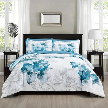 Sunshine Nicole Soft Brushed Microfiber Comforter Set, 7 Pieces Queen, with Light Weight Soft Poly Fill, Printed Teal Grey Big Florals Face with Print Reverse