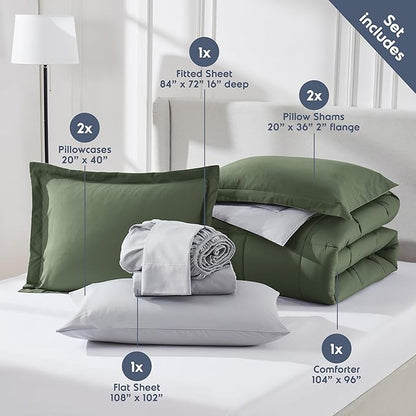 Nestl 7 Piece California King Comforter Set – Olive Green Reversible Bed in a Bag – Complete Cal King Size Bedding Set with Sheets, Pillowcases and Shams