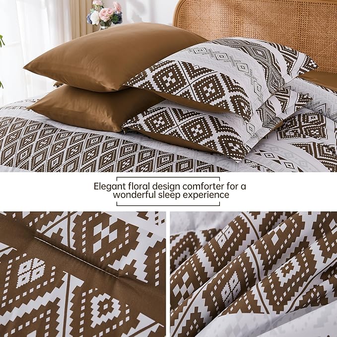 Luxudecor Brown Comforter Set Queen Size 7 Pieces,Boho Aztec Comforter with Sheet Set,Geometric Striped Pattern Bed in a Bag,Soft Microfiber Bed Set 90"x90"