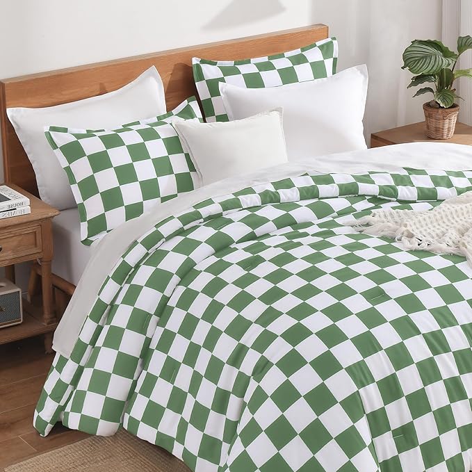 Andency Green Checkered Comforter Queen(90x90Inch), Plaid Gingham Buffalo Grid Bedding Comforter Sets for Boys Kids Teens, 3 Pieces Lightweight Microfiber Geometric Preppy Bed Set