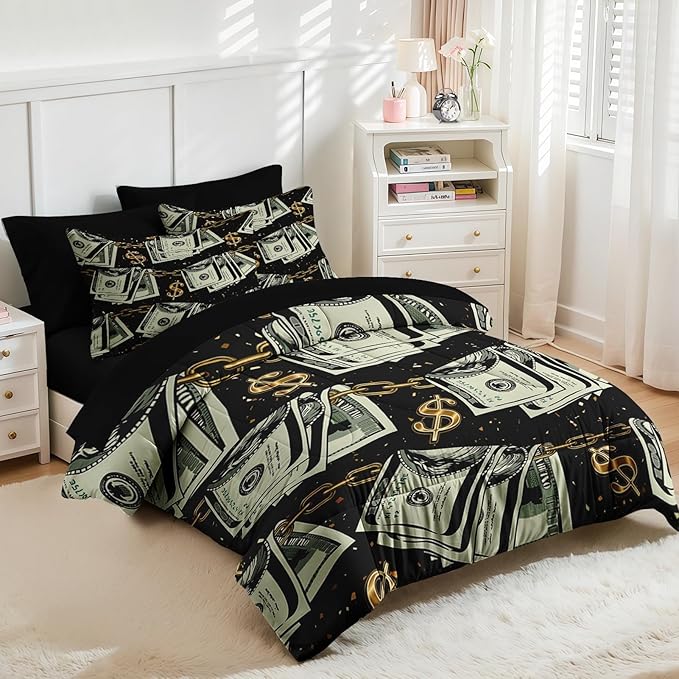 Nesker 7 Pcs Comforter Set Queen Size, Gold Money Bill Coins Bedding Set for Kids and Adults, Abstract One Hundred Dollar Sheets Bed Sheet Sets with Fitted Sheet 2 Pillowcases & 2 Shams