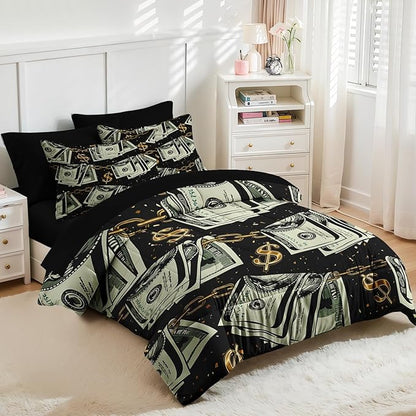 Nesker 7 Pcs Comforter Set Queen Size, Gold Money Bill Coins Bedding Set for Kids and Adults, Abstract One Hundred Dollar Sheets Bed Sheet Sets with Fitted Sheet 2 Pillowcases & 2 Shams