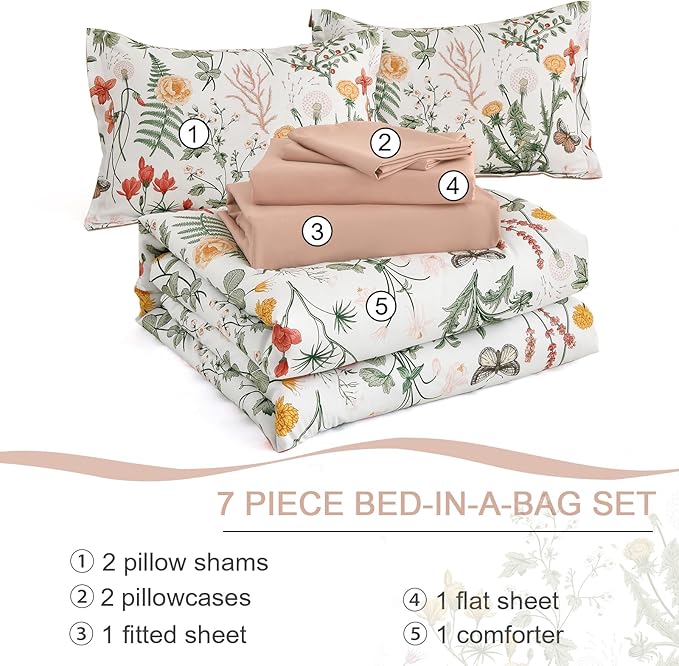 Yiran 7 Piece Floral Comforter Set King Size, Pink Green Summer Comforter Bedding Set, Botanical Bed in a Bag with Flowers Pattern, Soft Microfiber Complete Bedding Set with Sheets for All Season