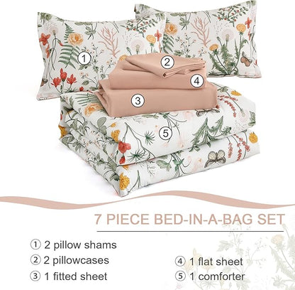 Yiran 7 Piece Floral Comforter Set King Size, Pink Green Summer Comforter Bedding Set, Botanical Bed in a Bag with Flowers Pattern, Soft Microfiber Complete Bedding Set with Sheets for All Season