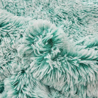 Flysheep Luxury Faux Fur Shaggy Fluffy Comforter Set Twin Size Mixed Aqua and White Long Hair, 3 Pieces Plush Flannel Sherpa Backing Reversible Soft Microfiber Bedding Set Super Warm for Winter