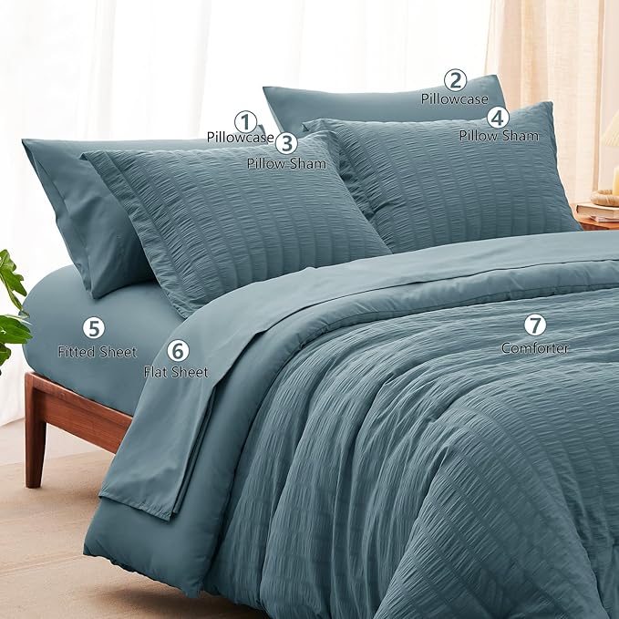 CozyLux Full Size Comforter Sets with Sheets 7 Pieces, Mineral Blue Seersucker Bed in a Bag Textured Luxury Soft Bedding Set with Down Alternative Comforter, Sheets, Pillowcases & Shams All Seasons