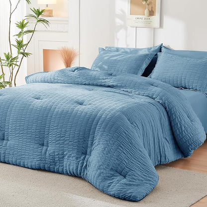 HYMOKEGE Mineral Blue Queen Comforter Set Seersucker 7 Pieces, All Season Luxury Bed in a Bag Queen for Bedroom, Bedding Set with Comforter, Sheets, Pillowcases & Shams