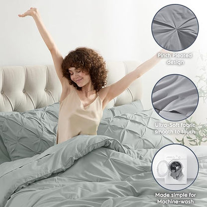 Nestl California King Comforter Set 7 Piece - Pintuck Cal King Comforter Set Sage Green, California King Bed in a Bag, All Season Bed Set with Flat Sheet and Fitted Sheet, Pillowcases and Shams