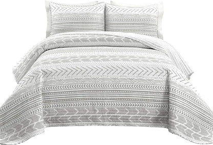 Lush Decor Hygge Geo Pattern Striped 3 Piece Quilt Bedding Set, Full/Queen, Gray & White