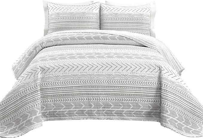 Lush Decor Hygge Geo Pattern Striped 3 Piece Quilt Bedding Set, King, Gray & White