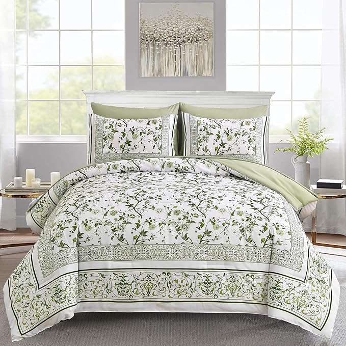 Dobuyly Floral Queen Comforter Set, 7 Piece Bed in a Bag Queen Size Sage Green Flowers on White Botanical Bedding Set, Soft Microfiber Bedding Comforter Sets with Sheets for All Season
