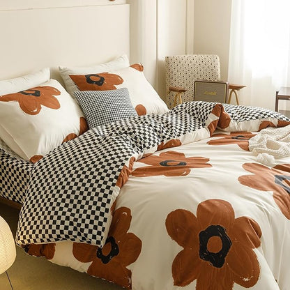 CLOTHKNOW Brown Sunflower King Size Comforter Set 3Pcs Floral Bedding Comforter Sets Soft Lightweight Black Plaid Comforter with 2 x Pillow Cases