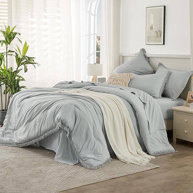 Andency Oversized King Comforter Set with Sheets 120x120 Light Grey - 7 Pieces Boho Tassel Bed in a Bag Soft Lightweight Bedding Sets, Fringe Bed Set with Comforter, Sheets, Pillowcases & Shams