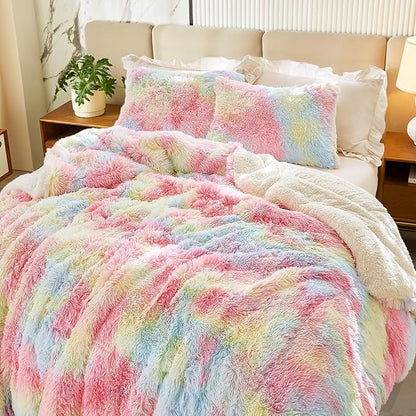 Flysheep Luxury Faux Fur Shaggy Fluffy Comforter Set King Size Colorful Rainbow Long Hair, 3 Pieces Plush Flannel Sherpa Backing Reversible Soft Microfiber Bedding Set Super Warm for Winter