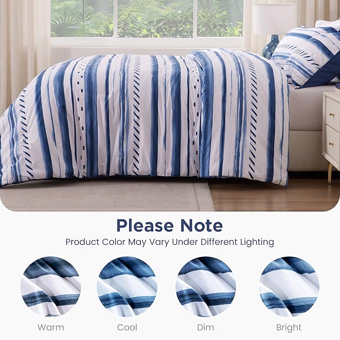 Sophia & William White and Blue Striped Comforter Set for All Season, 3 Pcs Cotton Bedding Comforter Set with Geometric Printed Comforter & 2 Pillowcases, Queen Size Lightweight Bedding Set