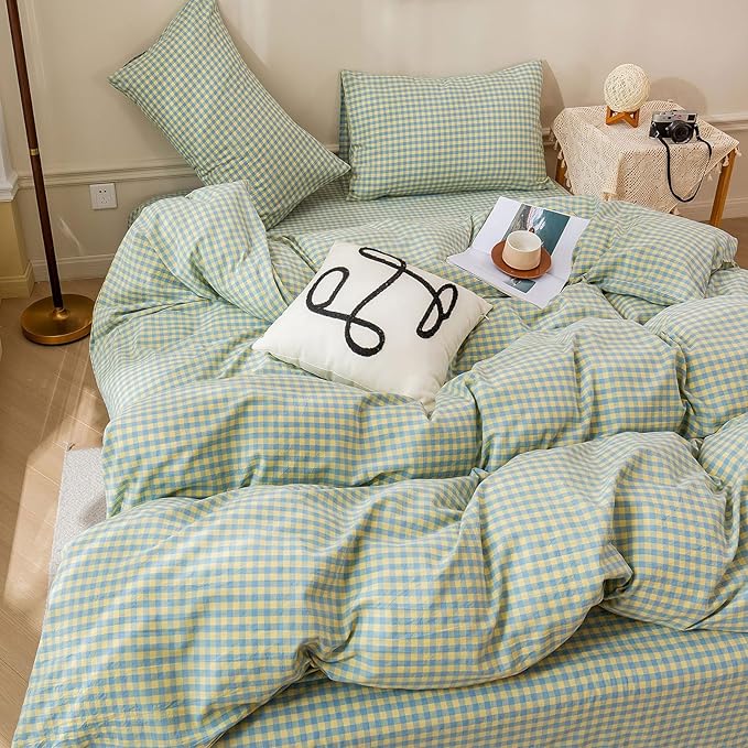 HighBuy Green Gingham King Comforter Set Blue Grid Plaid Bedding Comforter Set Fluffy Lightweight Soft Modern Checkered Pattern Comforter Set for All Season,Gingham Grid Bedding Set 3 Pieces