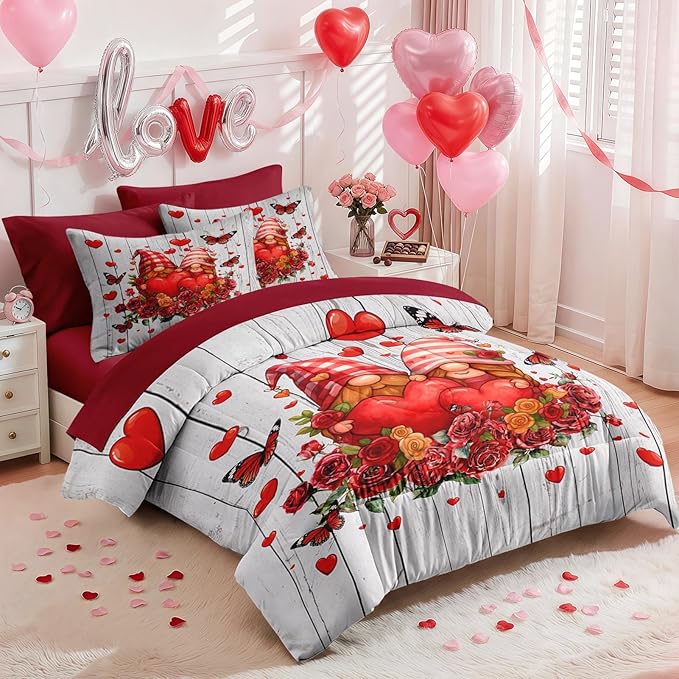 Nesker 7 Pcs Valentine's Day Comforter Set Queen Size, Romantic Gnomes Heart Bedding Set for Kids and Adults, Sweet Rose Love Sheets Bed Sheet Sets with Fitted Sheet 2 Pillowcases & 2 Shams