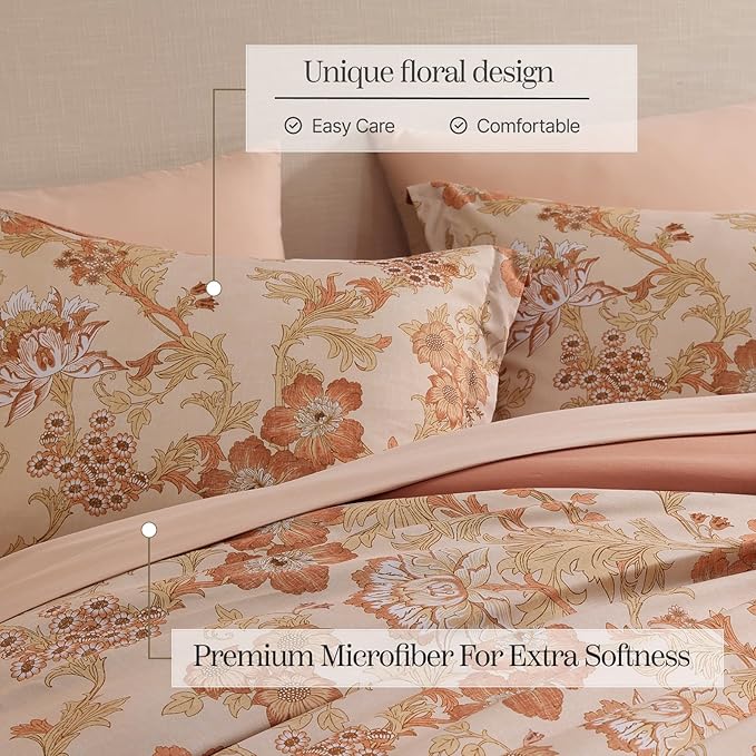 King Comforter Set -7 Pieces Terrecotta Floral Comforter Set for All Seasons, Bed in a Bag King with Botanical Flowers Comforter, Sheets, Pillowcases & Shams