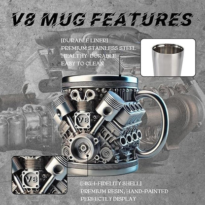 V8 Engine Coffee Mug, V8 Coffee Mug for Car Enthusiast, V8 Engine Mug Stainless Steel Cup Creative Design Decoration (Retro)