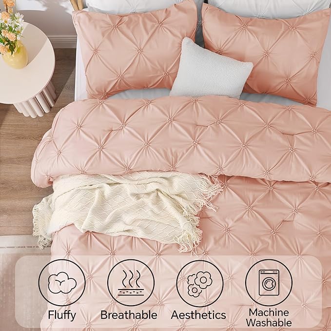 BEDELITE Dusty Pink Queen Comforter Set - 3 Pieces Boho Pintuck Bedding Comforter Sets, Lightweight Soft & Warm Bed Comforter Queen with 2 Pillowcases for All Season