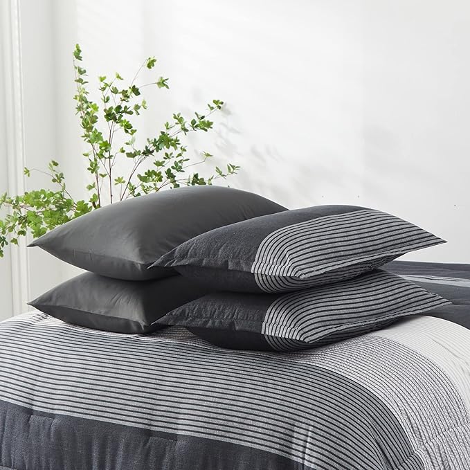 7 Pieces Black Grey Striped Comforter King Size - Lightweight Bed in a Bag Bedding Comforters Set, All Season Microfiber Complete Bedding Set with Flat/Fitted Sheet, Pillowcases and Pillow Shams