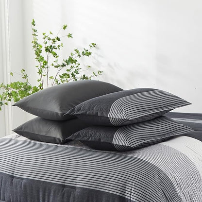 7 Pieces Black Grey Striped Comforter King Size - Lightweight Bed in a Bag Bedding Comforters Set, All Season Microfiber Complete Bedding Set with Flat/Fitted Sheet, Pillowcases and Pillow Shams
