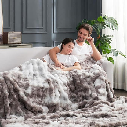 Cozy Bliss Faux Fur Throw Blanket for Bed King Size, Fuzzy Soft Plush Thick Bubble Blanket for Sofa Bedroom Living Room, 108 * 90 Inches Tie Dye Taupe
