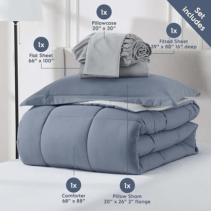 Nestl 5 Piece Twin XL Comforter Set – Stone Blue Reversible Bed in a Bag – Complete Twin XL Size Bedding Set with Sheets, Pillowcase and Sham