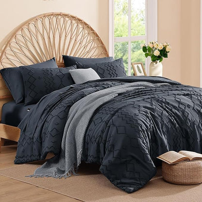 King Size Comforter Set Navy Blue, Tufted Boho Bedding Farmhouse Bed Set, All Season 7 Pieces Bed in a Bag with Sheets, Pillowcases & Shams