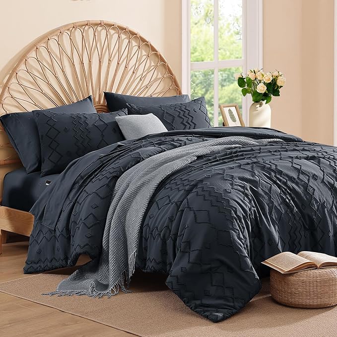 Queen Comforter Set Navy Blue, Tufted Boho Bedding Farmhouse Bed Set, All Season 7 Pieces Bed in a Bag with Sheets, Pillowcases & Shams