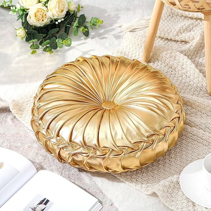 2 Pcs Round Throw Pillows Decorative Polyester Pleated Throw Pillows 15'' Diameter Accent Pumpkin Boho Chair Cushion for Couch Sofa Chair Bed Home Decoration (Gold)