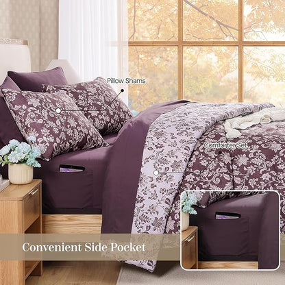 King Comforter Set -7 Pieces Floral Dark Purple Comforter Set for All Seasons, Bed in a Bag King with Botanical Flowers Comforter, Sheets, Pillowcases & Shams