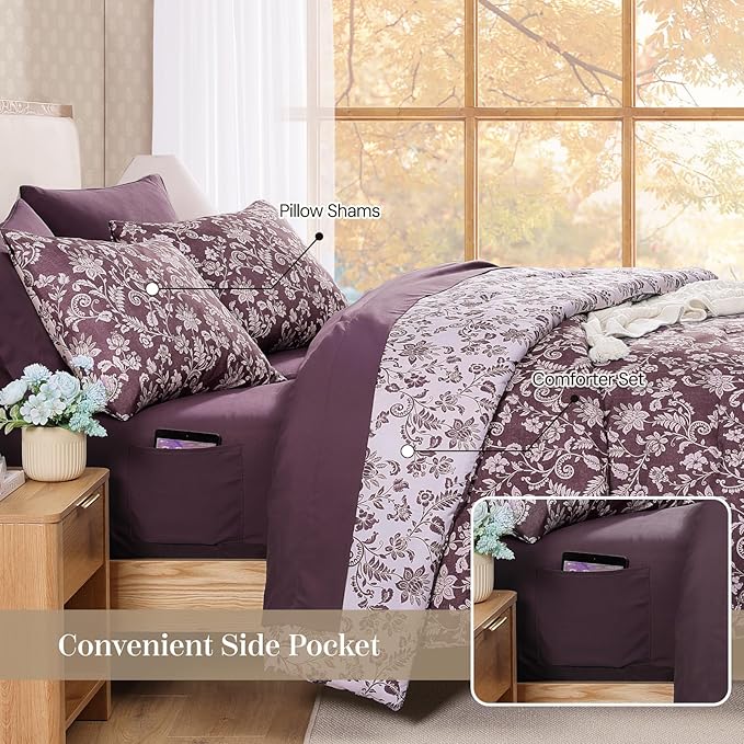 Full Comforter Set -7 Pieces Floral Dark Purple Comforter Set for All Seasons, Bed in a Bag Full with Botanical Flowers Comforter, Sheets, Pillowcases & Shams