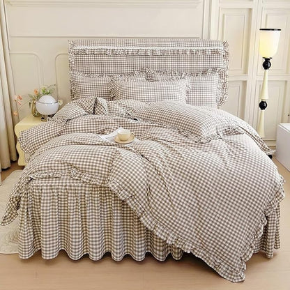 mixinni Vintage Ruffle Tan Gingham Comforter Set 3-Piece Washed Cotton King Beige Grid Bedding Set with Taupe Geometric Checkered Pattern, Farmhouse Chic Soft Fluffy Comforter for All-Season