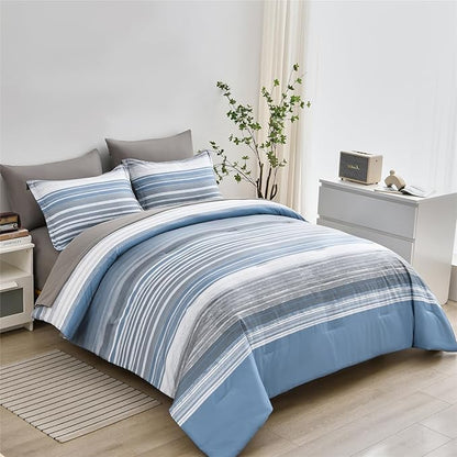 KAKIJUMN 7 Piece Bed in a Bag Stripe Comforter Set Full Size, White Grey Blue Striped Comforter and Sheet Set, All Season Soft Microfiber Complete Bedding Set(Light Blue,Full)