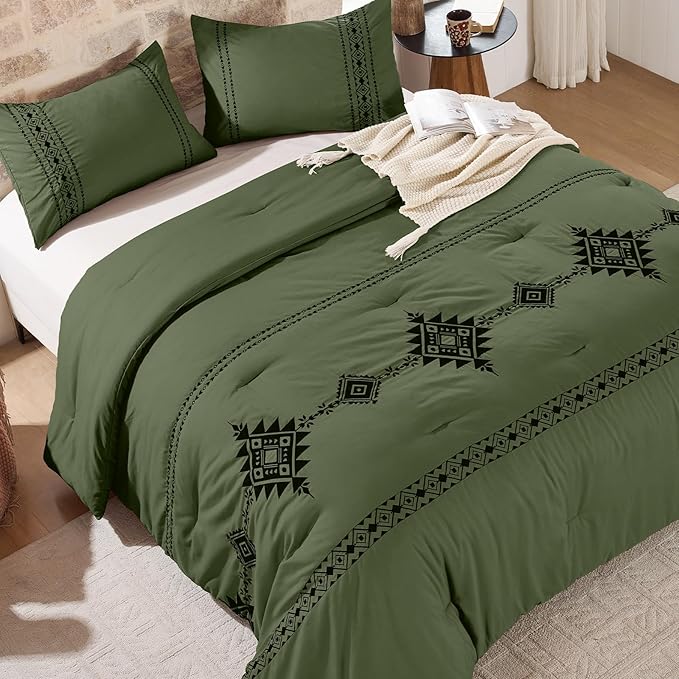 Embroidered Boho Comforter Set Twin Size, 2-Piece Western Shabby Chic Bedding Sets - Fluffy Ultra Soft Microfiber with Intricate Design, Includes Green Comforter(68"x88") & 1 Pillowcase