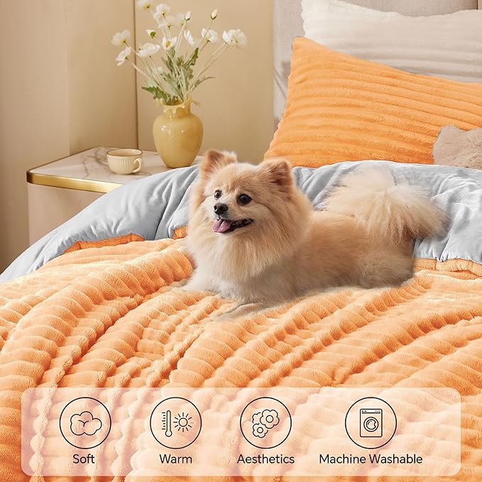 BEDELITE Fleece Queen Comforter Set -Super Soft & Warm Fluffy Coral Bedding, Luxury Fuzzy Heavy Bed Set for Winter with 2 Pillow Cases