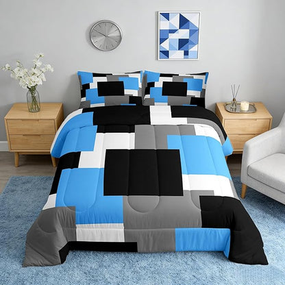 Castle Fairy Modern Abstract Art Bedding Set for Boys Girls,Blue Grey Black All Season Cozy Comforter Set Full Size,Geometric Grid Square Splicing Duvet Set Bedroom Decor,Personalized Birthday Gifts